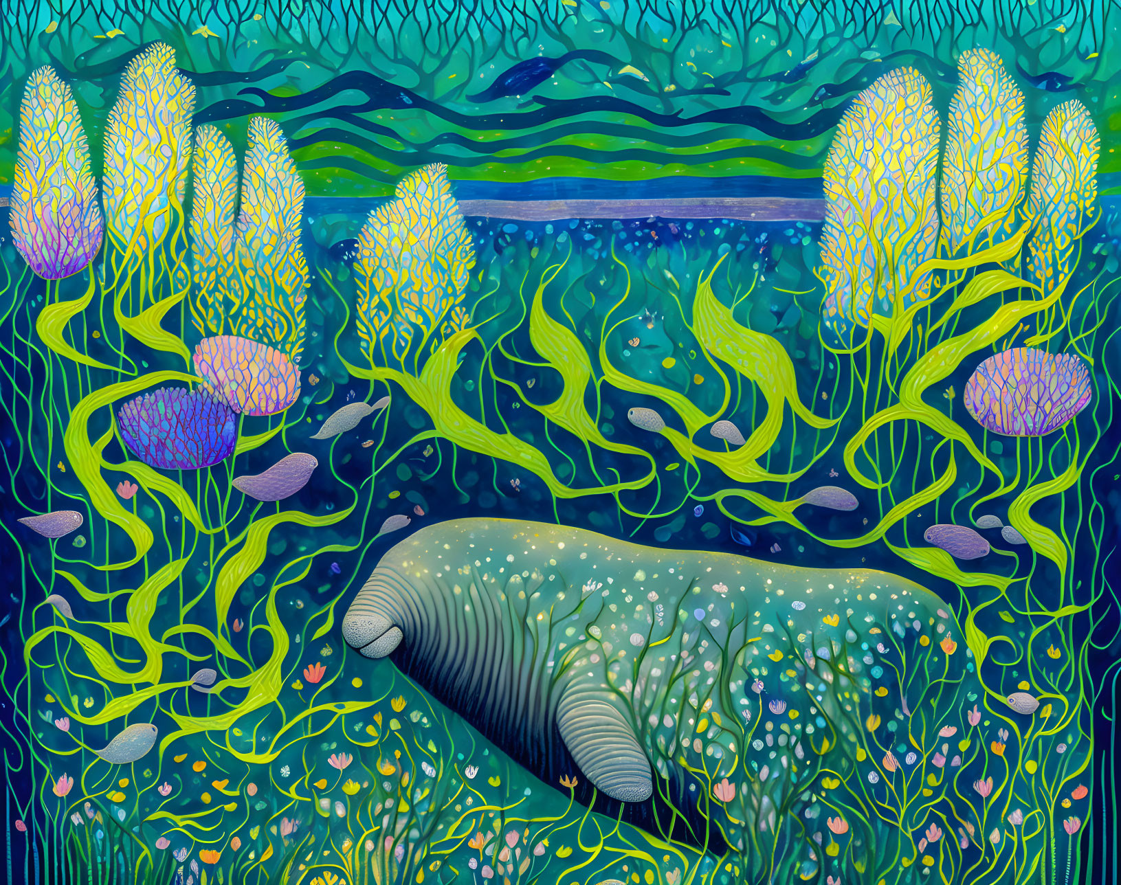 Colorful Manatee in Vibrant Underwater Scene