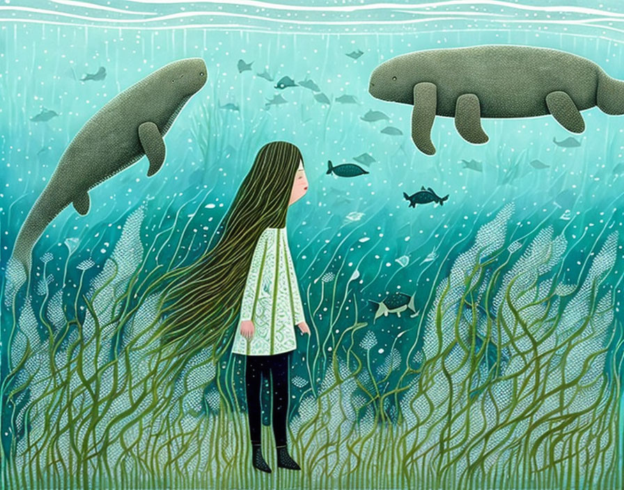 Illustration of girl with whales in underwater scene