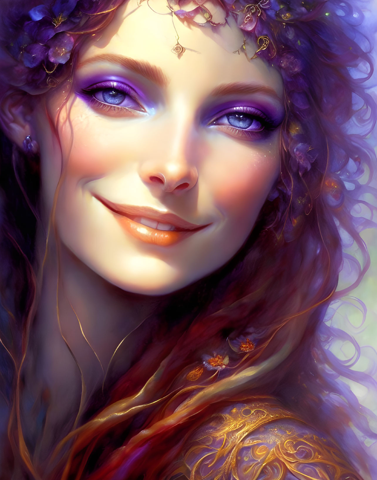 Smiling female character with purple eyes and floral hair accessories