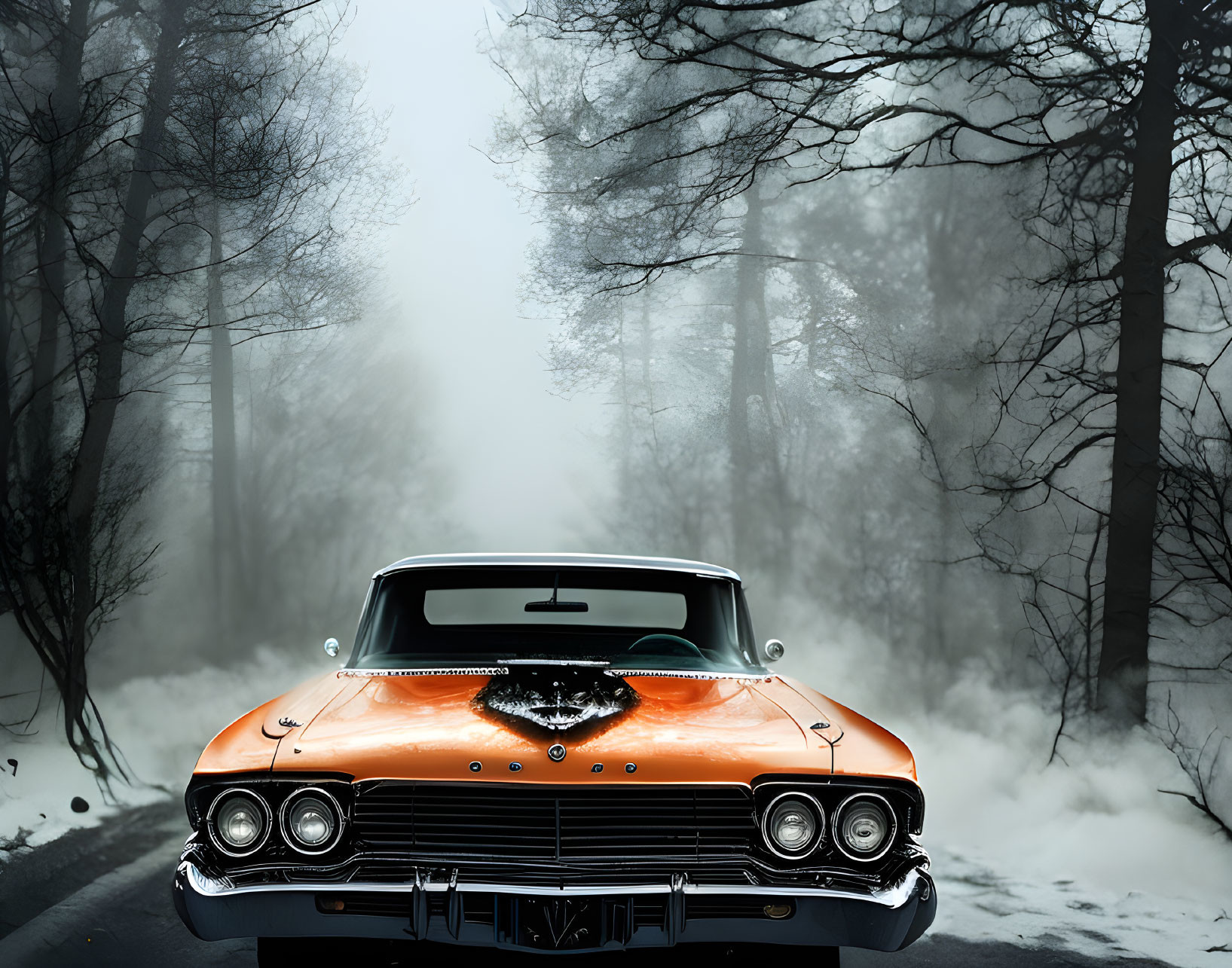 Vintage Orange Car Parked on Foggy Road with Silhouette Trees