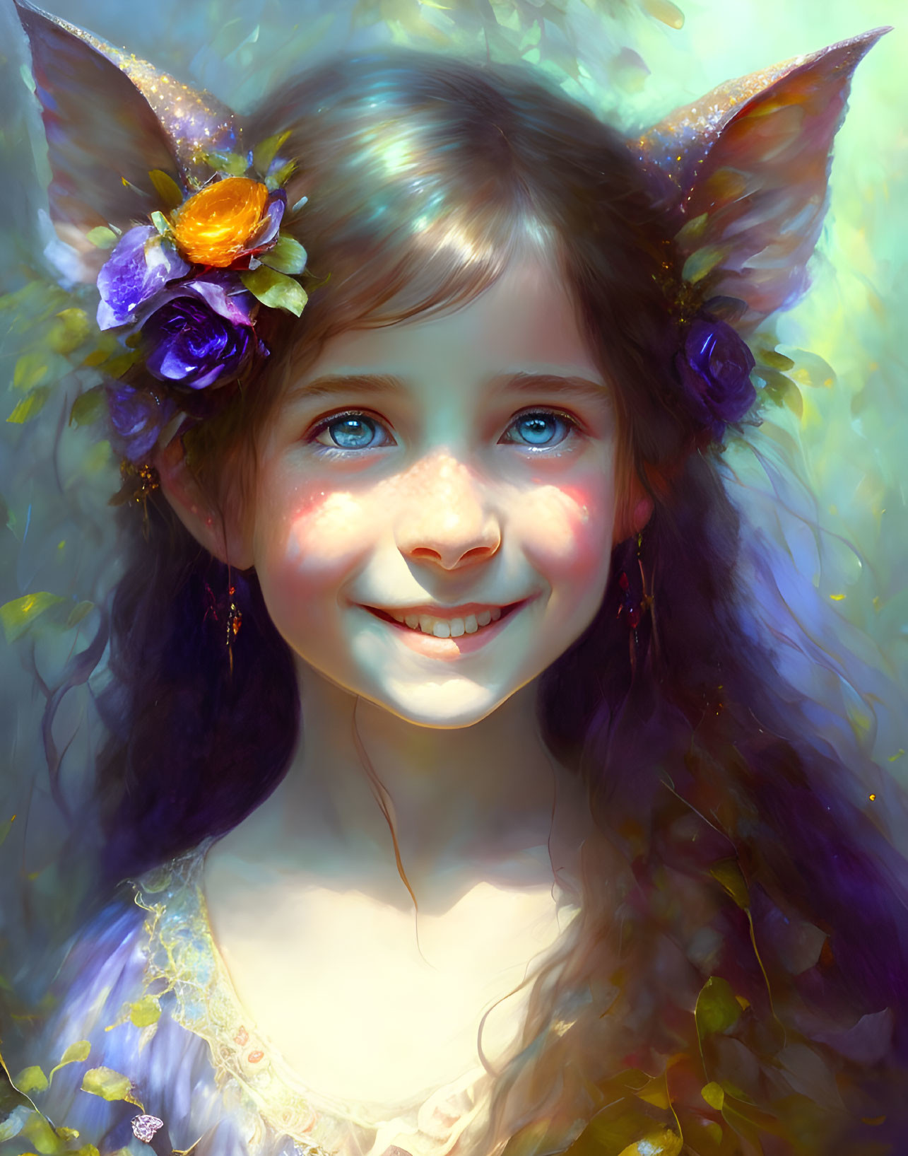 Young girl with blue eyes and fantasy elements: pointed ears, floral hair, and mystical glow