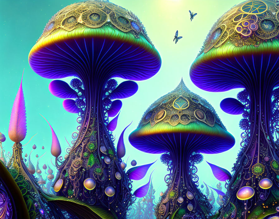 Colorful Digital Artwork: Oversized Patterned Mushrooms in Alien Landscape