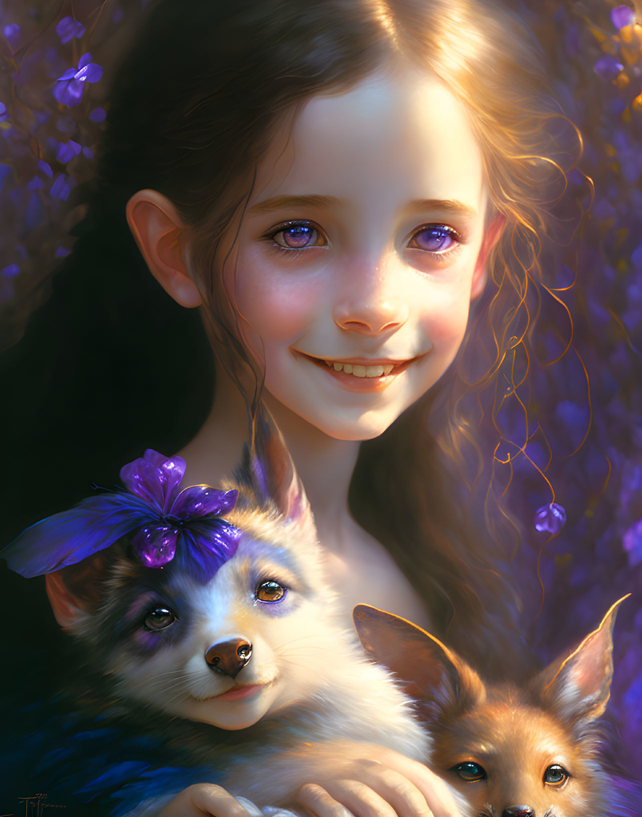 Girl with warm smile, blue eyes, wavy hair, and two puppies, one with purple flower