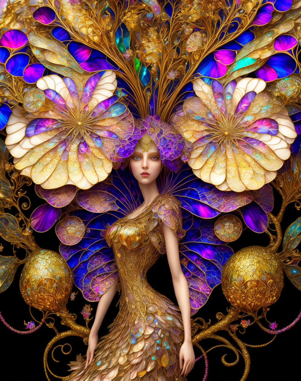 Woman with ornate butterfly wings and golden dress on black background