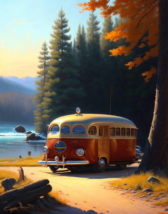 Vintage Bus Parked by Autumn Lake in Soft Sunlight