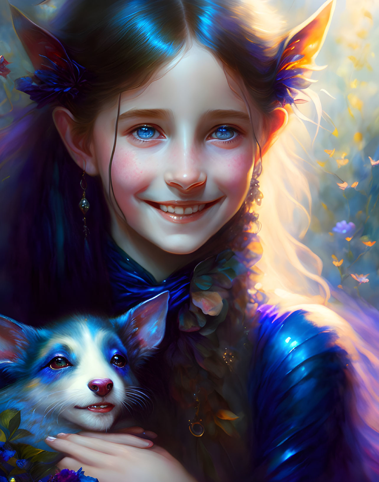 Fantastical digital painting of a smiling girl with elfin features and a blue fox-like creature in