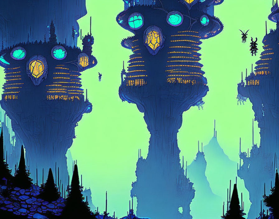 Futuristic Alien City with Towering Blue Structures and Flying Crafts