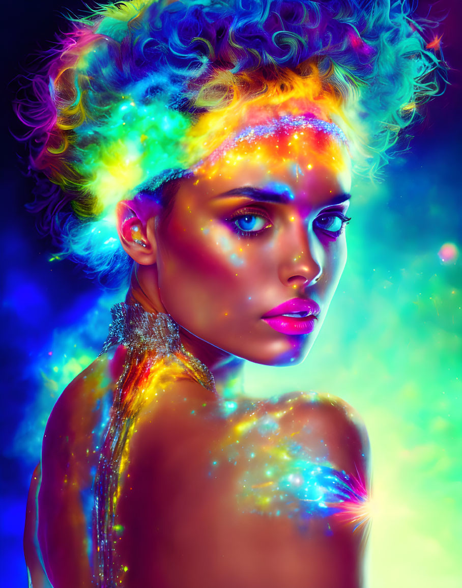 Colorful Neon Makeup Portrait Against Blue and Purple Background