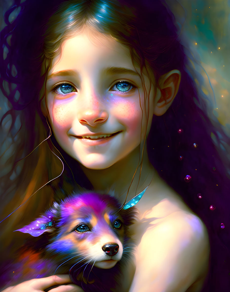 Smiling young girl holding fantastical purple puppy