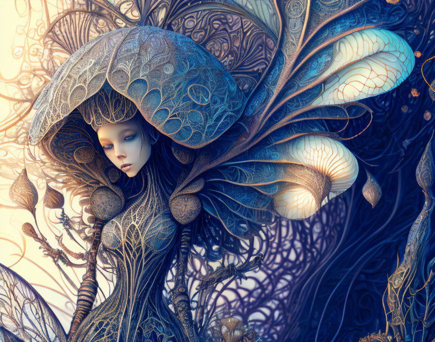 Fantastical digital artwork of female figure with mushroom-like growths and intricate patterns.