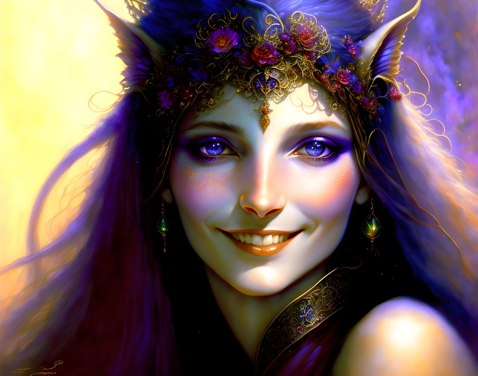 Fantasy Artwork: Smiling Female Character with Purple Eyes