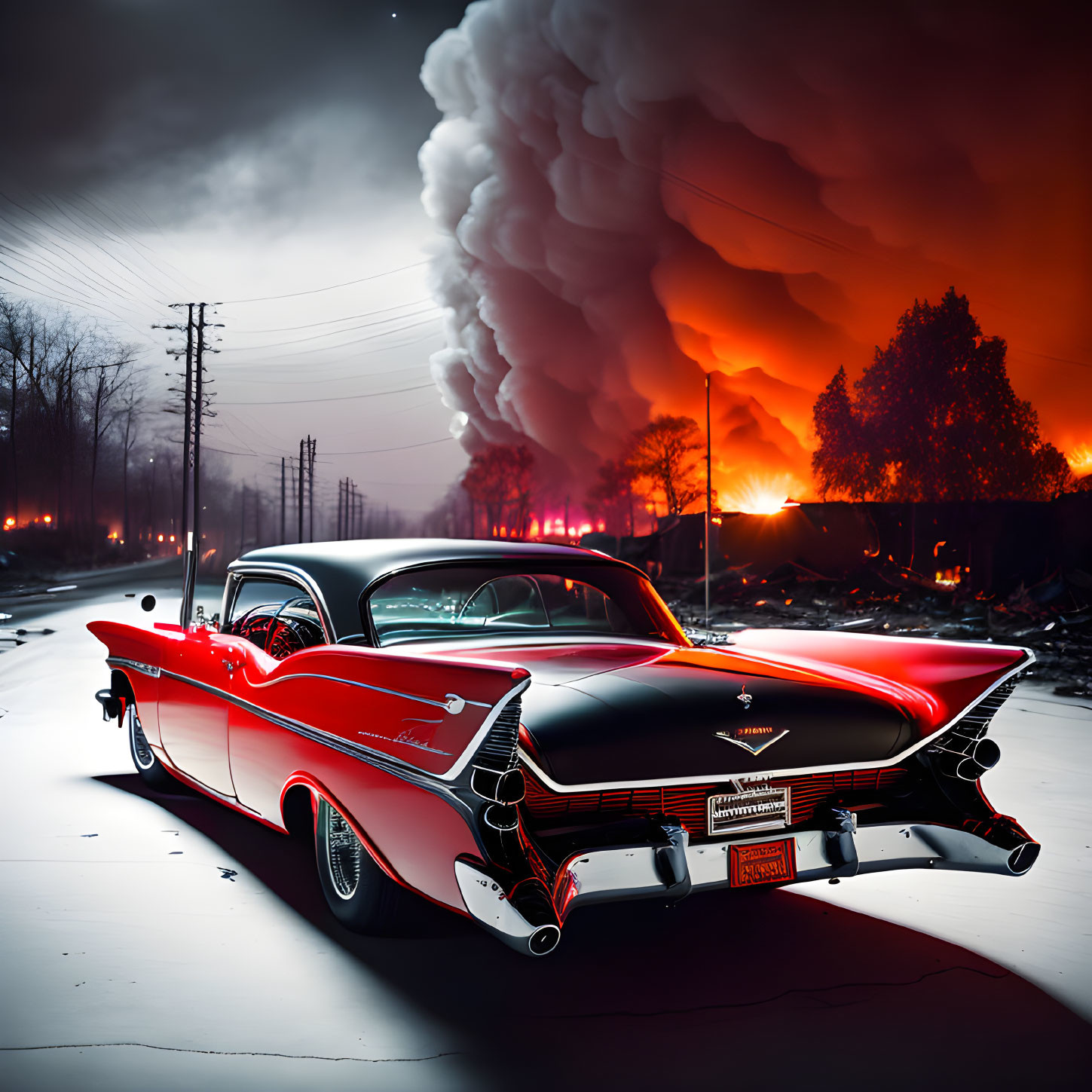 Red and Black Car Parked at Night with Fiery Sky and Distant Fire