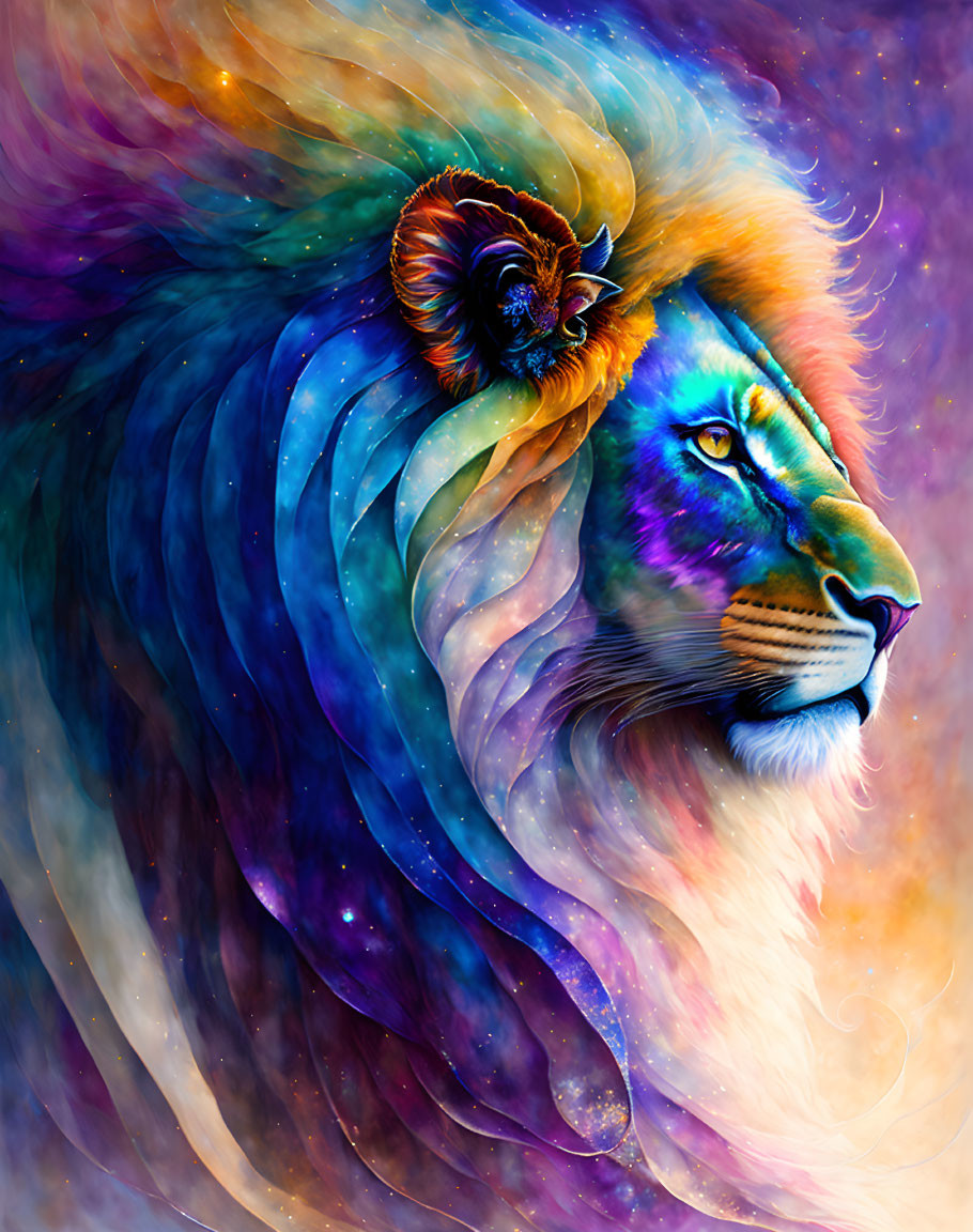 Colorful lion illustration with cosmic mane and nautilus shell pattern