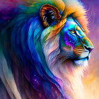 Colorful lion illustration with cosmic mane and nautilus shell pattern