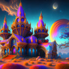 Vibrant purple and gold castle under twilight sky with moons and stars