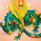 Vibrant Blue and Yellow Fantasy Lizard with Flame-Like Crests