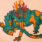 Vibrant Blue and Yellow Salamander Creature with Fire Elements