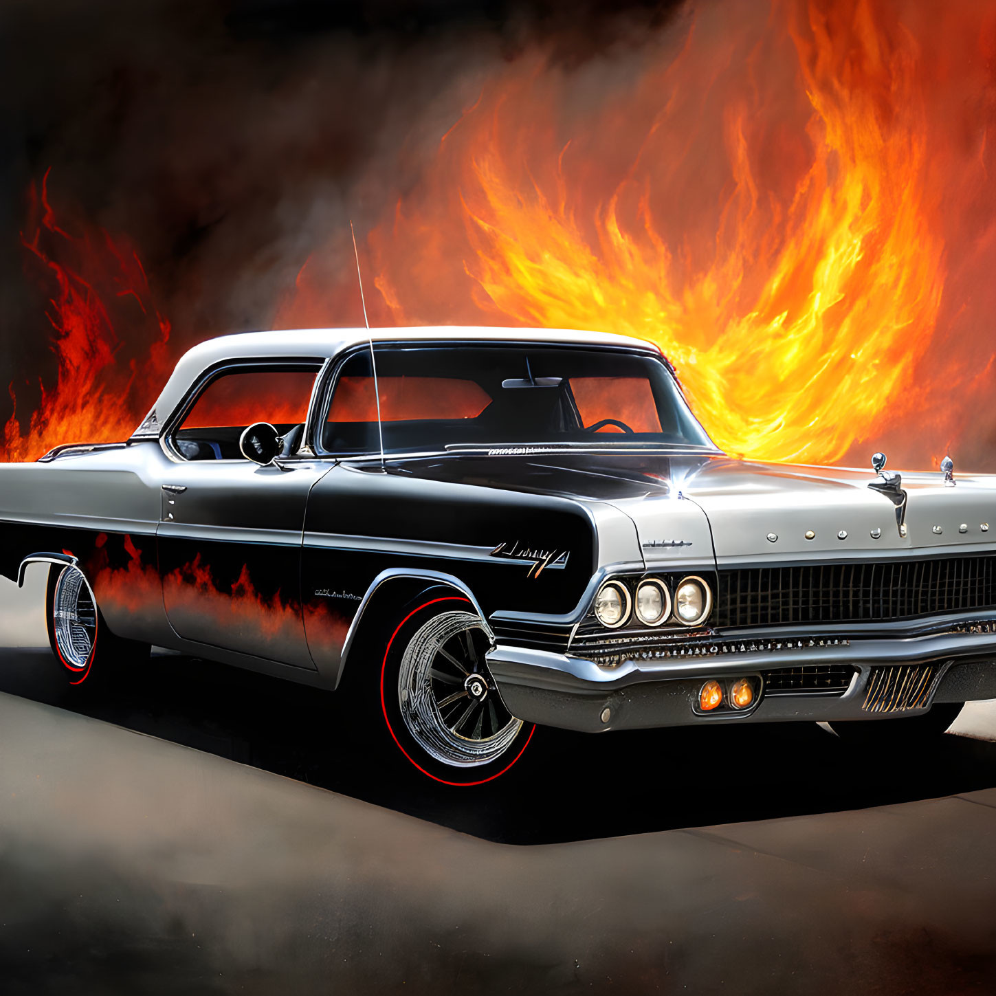 Vintage black car with chrome details, white-wall tires, fiery graphics in front of flames