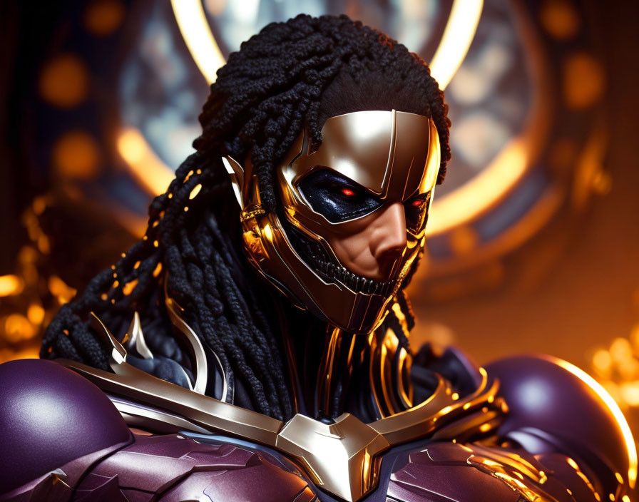 Detailed Close-Up of Figure in Golden Mask and Purple Armor