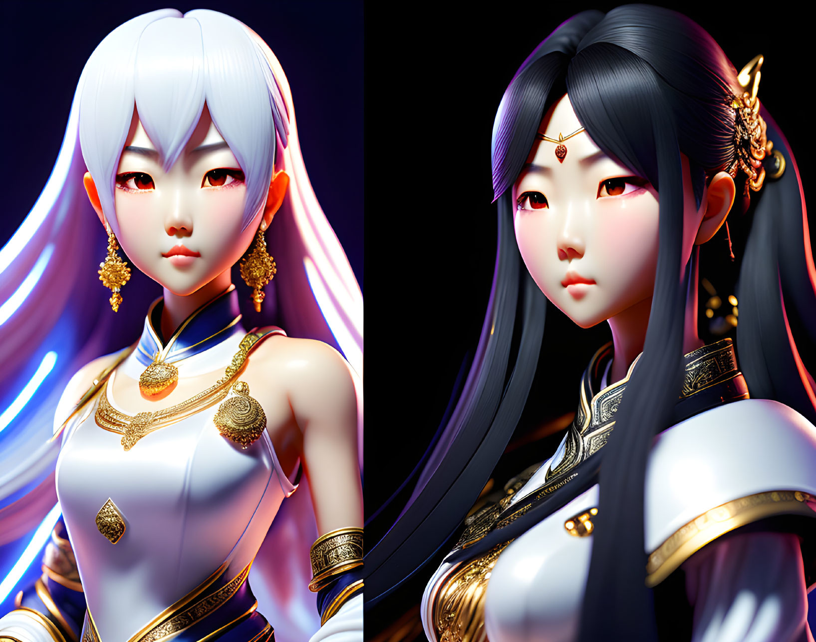 Stylized female characters with elfin features in white and blue and black and gold attire with gold