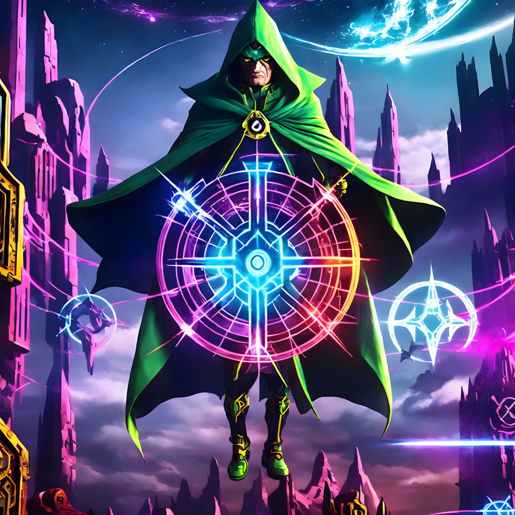 Cloaked figure with glowing eyes and neon sigil against futuristic cityscape