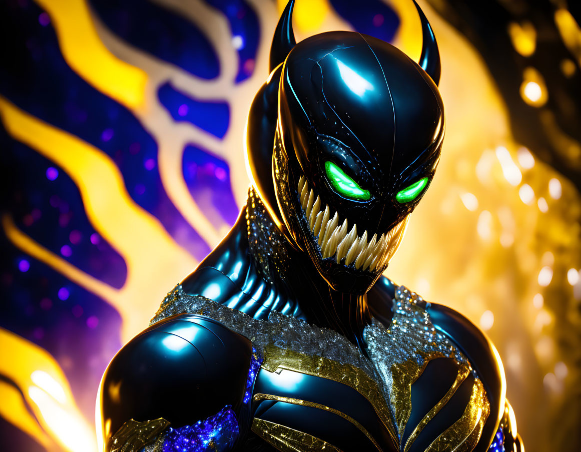 Menacing figure in black and gold costume with green eyes on golden background