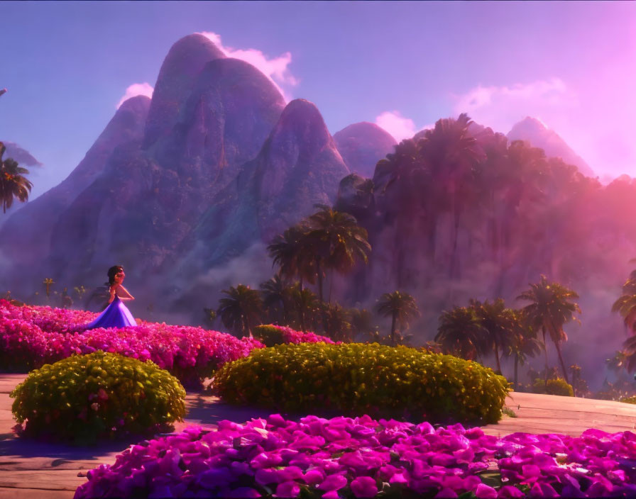 Animated female character in blue dress on bridge with purple flowers and foggy mountains