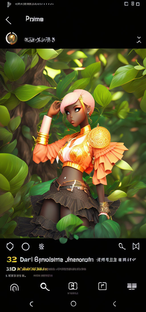 Stylized 3D female character with pink hair and golden armor on smartphone screen.