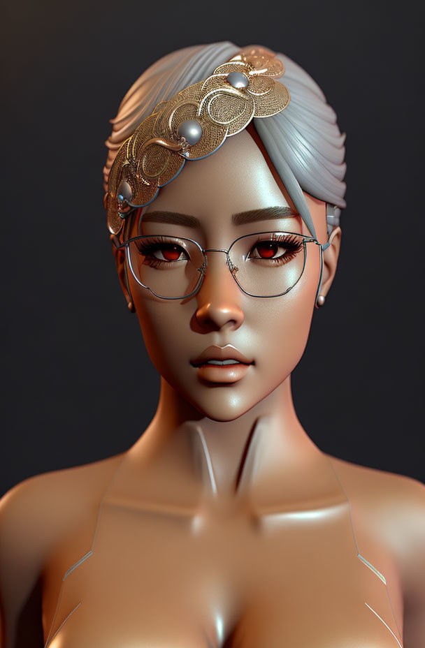 Silver-haired woman with round glasses and headpiece on dark background
