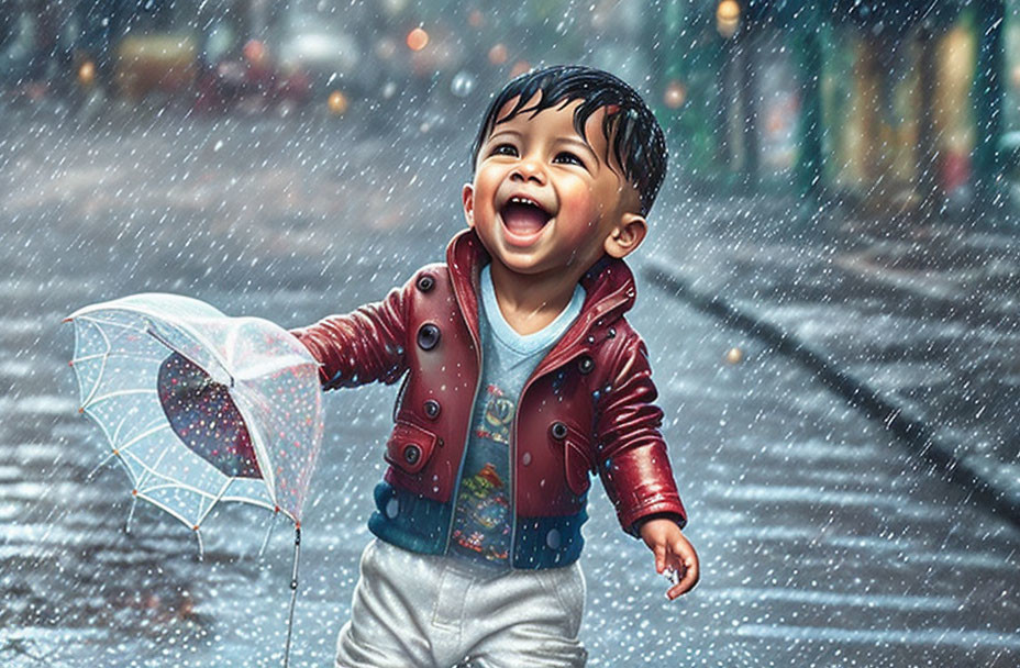 Smiling toddler in red jacket with small umbrella in the rain