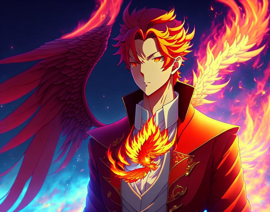 Anime character with red hair and wings holding flame in night sky