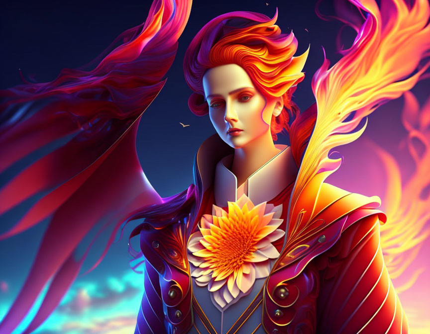 Stylized woman with fiery red hair and ornate outfit in vibrant portrait
