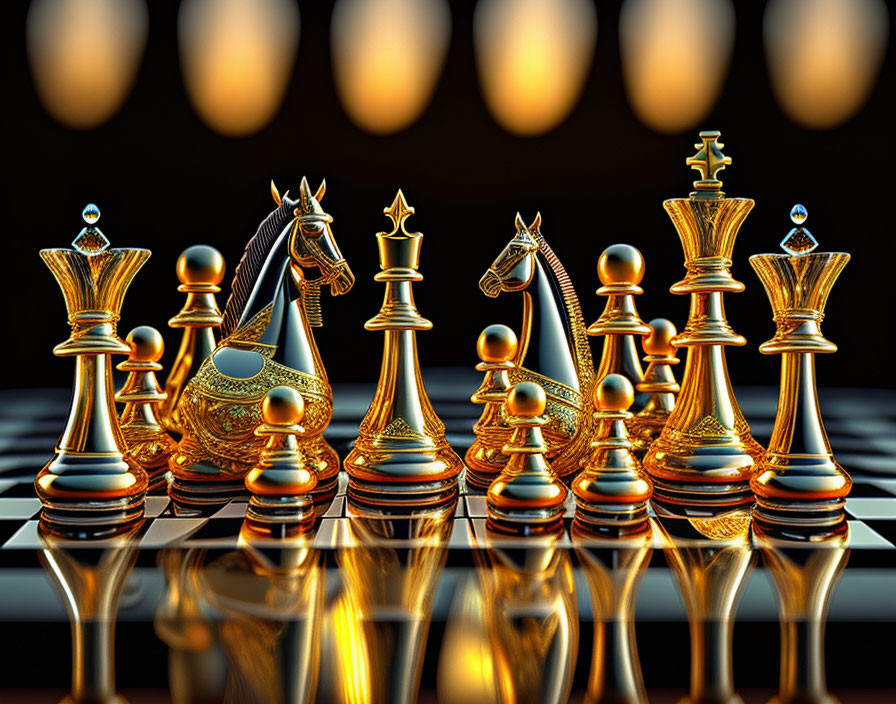 Glossy Chessboard with Gold and Silver Pieces Reflecting Confrontation