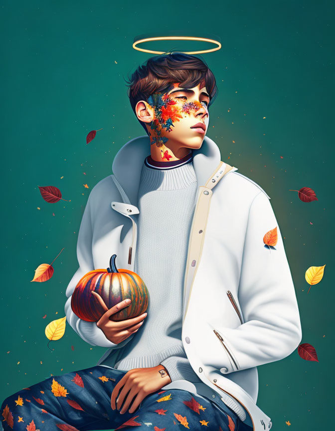 Digital artwork: Person with autumn leaves, pumpkin, and halo on teal background