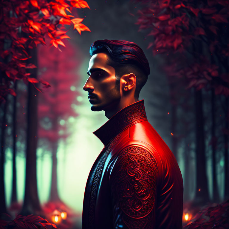 Digital portrait of a man in crimson-lit forest with red leaves and mystic fog