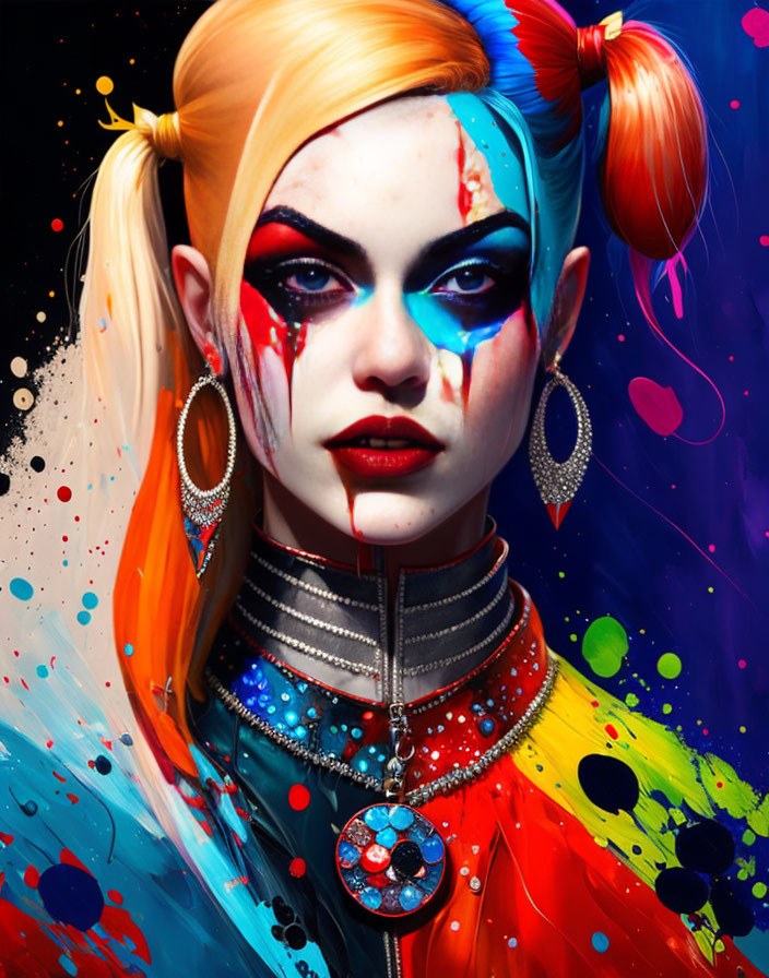Colorful digital artwork featuring a woman with yellow pigtails and paint splashes