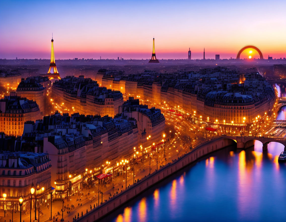 Panoramic Evening View: Illuminated Eiffel Tower & Seine River at Blue Hour