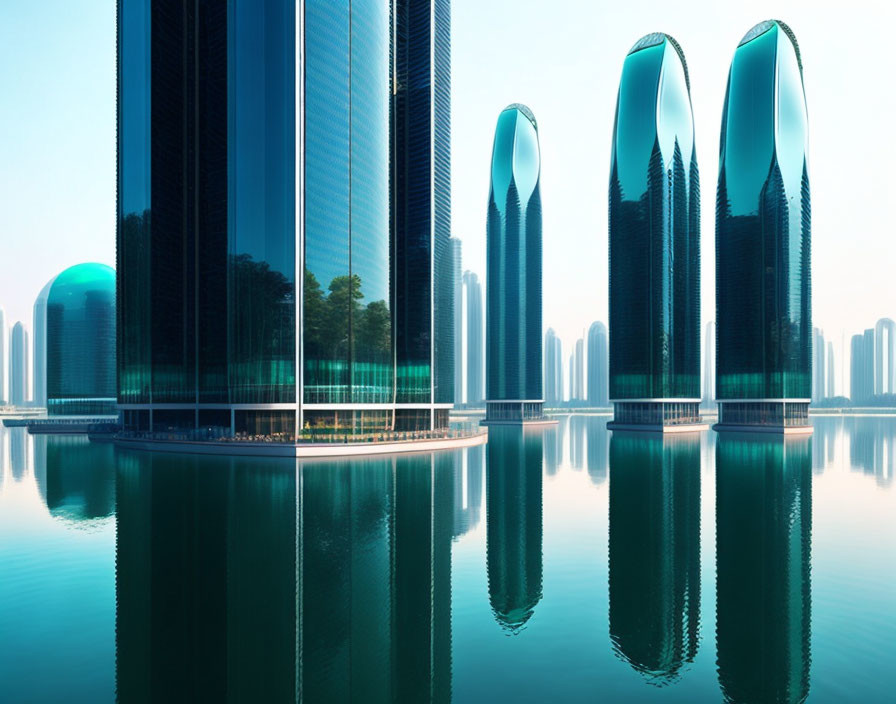 Sleek reflective skyscrapers in futuristic cityscape by calm lake