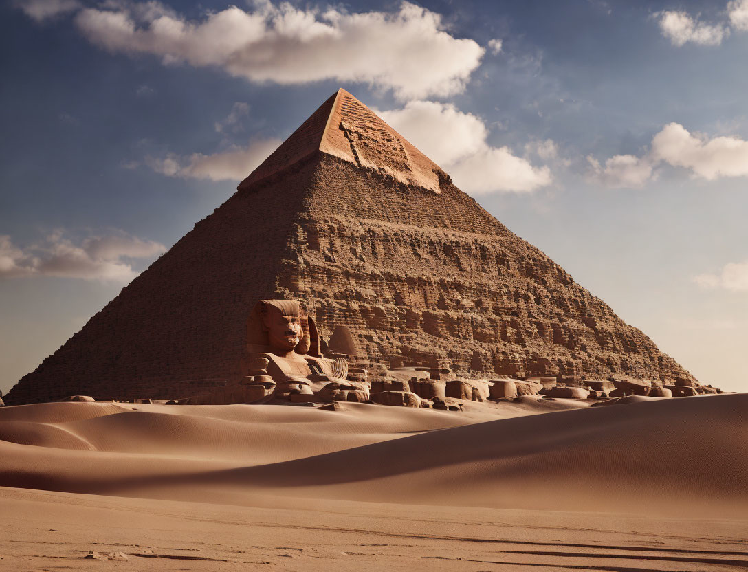 Ancient pyramid and sphinx statues under blue sky