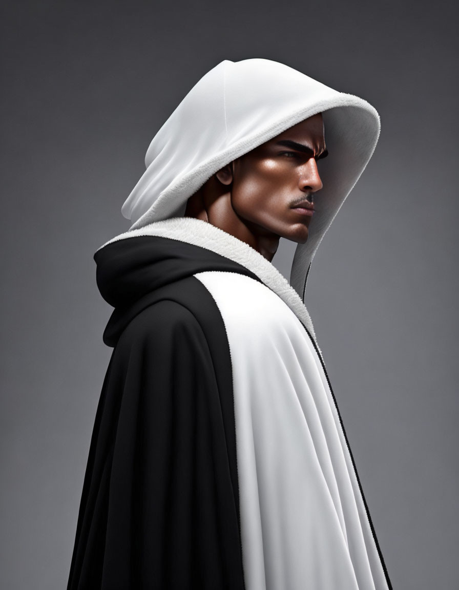 Strong Gaze in Futuristic White Hooded Cape on Grey Background