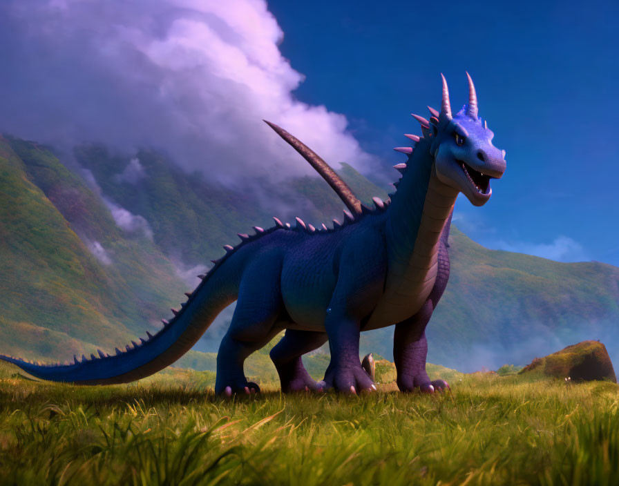 Smiling blue animated dragon in lush green field