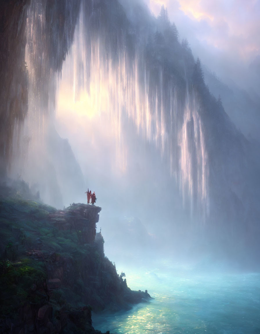 Solitary horseback rider on cliff above serene turquoise lake with cascading waterfalls