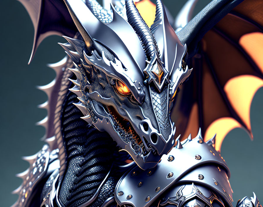 Metallic Dragon with Orange Eyes and Armored Scales in Digital Art