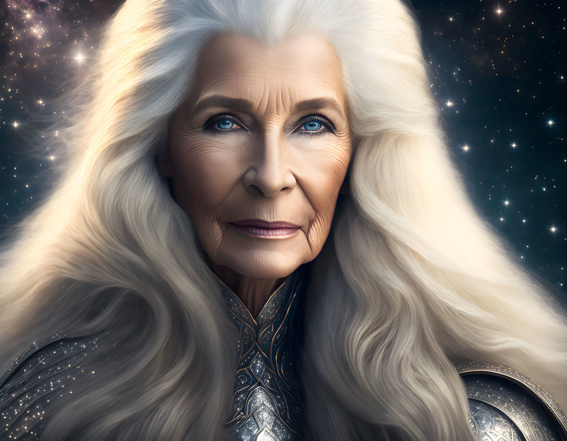 Elderly woman in silver armor on cosmic backdrop