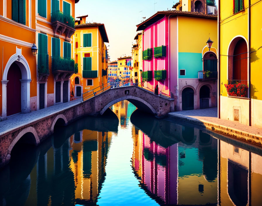 Colorful European Canal Scene with Stone Bridge at Dusk