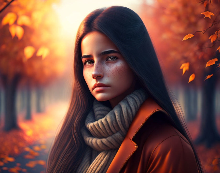 Long-haired woman in leather jacket and scarf among autumn leaves