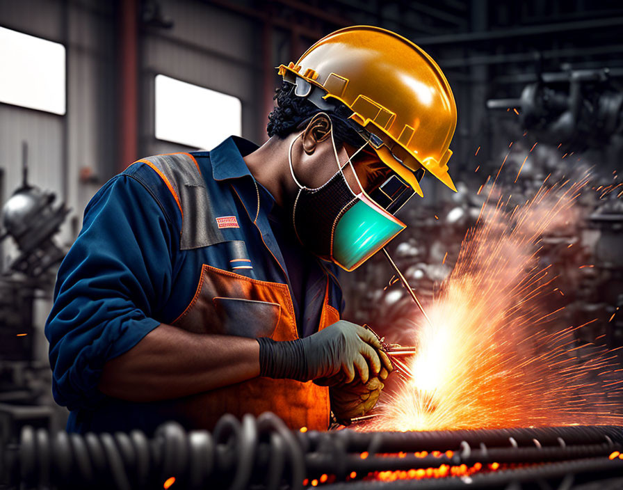 Worker in protective gear welding metal with sparks in industrial setting