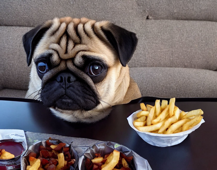 Pug sitting at table with fries and ketchup