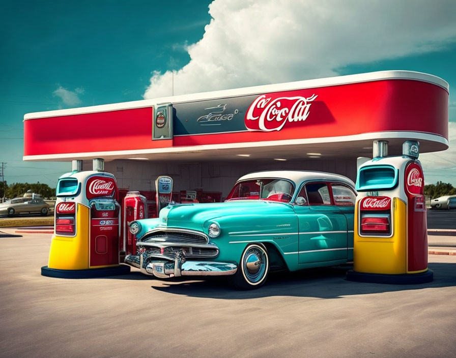 Vintage Turquoise Car at Retro Gas Station with Coca-Cola-Themed Pumps