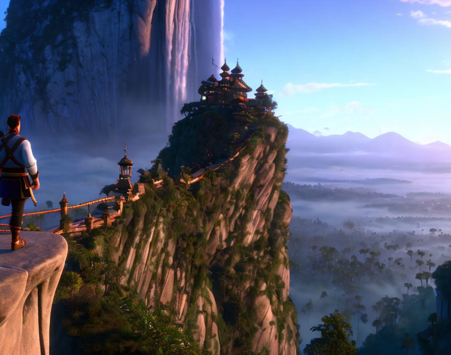 Mystical landscape with pagoda-style buildings on cliff overlooking mountains and waterfall